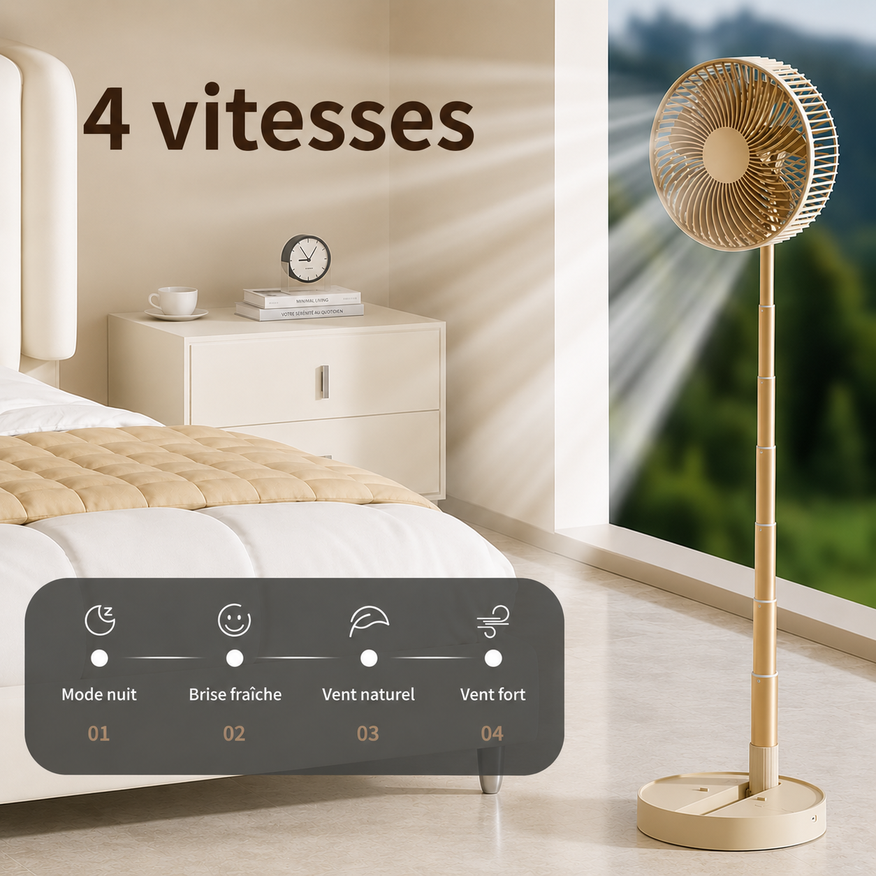 Ventilateur Pliable Sans Fil Silencieux | 4 Vitesses