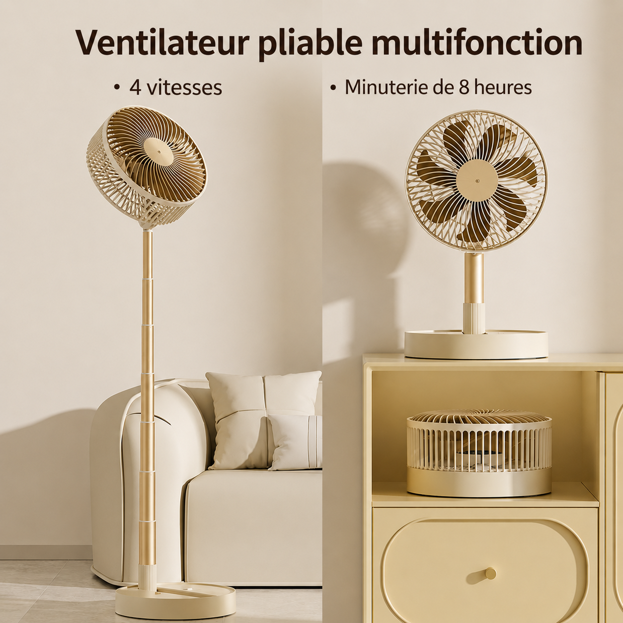 Ventilateur Pliable Sans Fil Silencieux | 4 Vitesses